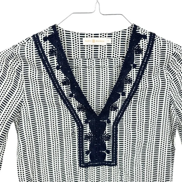 TORY BURCH Tunic Top Geometric Side Slits Long Sleeve Blue Cream - Picture 3 of 7